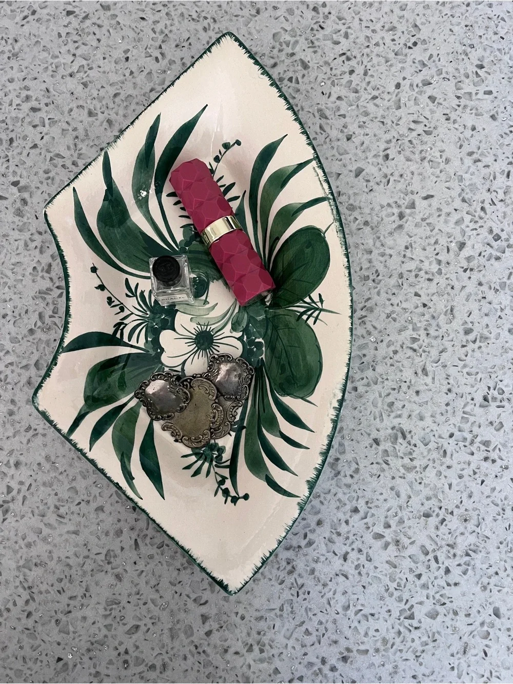 Vintage Italian Ceramic Green White Floral Jewelry Trinket Tray